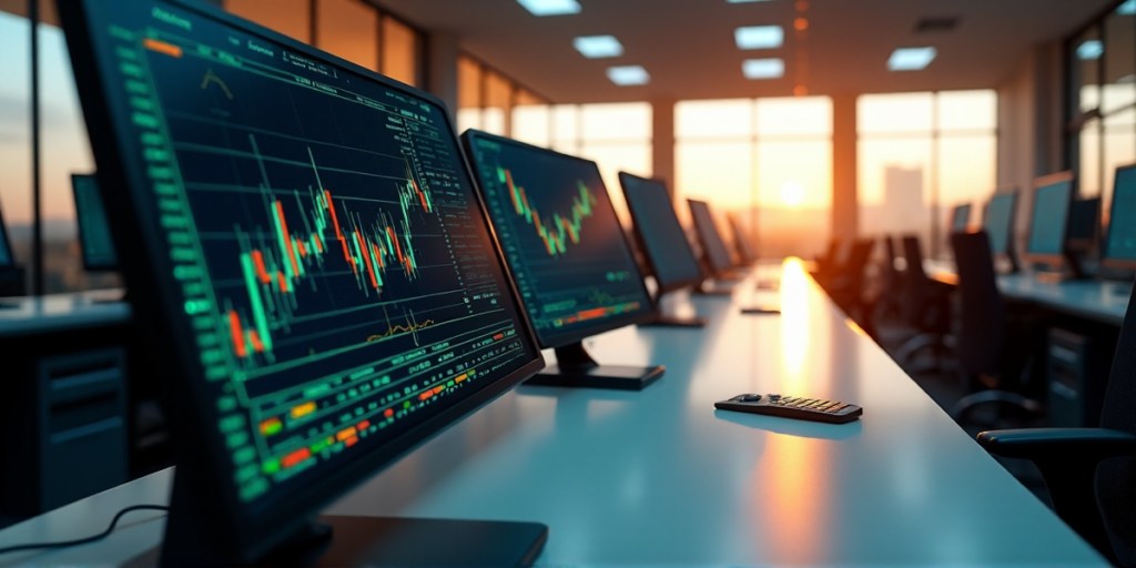 "A high-tech cryptocurrency trading terminal with a curved screen displaying fluctuating blockchain-based prices in a warm, golden hour setting."