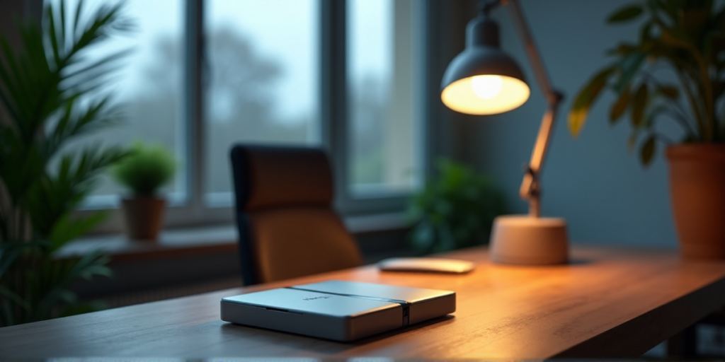 "A serene home office setup featuring a Ledger cryptocurrency wallet on a minimalist desk surrounded by lush greenery and high-tech gadgets in a natural light-filled room with subtle blockchain undertones."