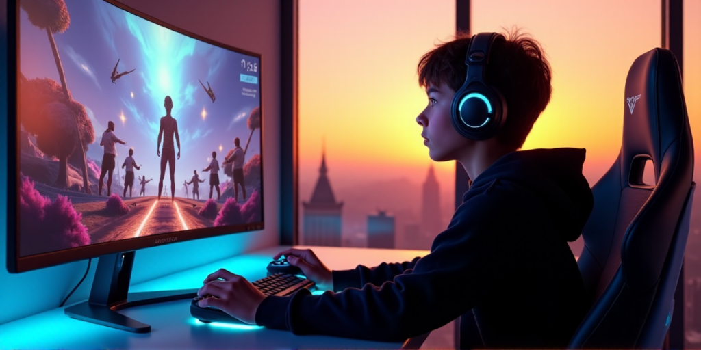 "A young gamer sits confidently in a modern gaming room, surrounded by crypto-based games on a curved monitor, with a cityscape view through floor-to-ceiling windows."