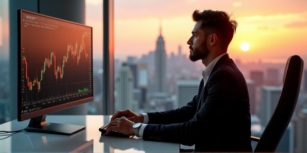 "A young investor sits confidently at a modern trading desk, intensely gazing at a cryptocurrency market graph on a large screen, with a cityscape view behind them."