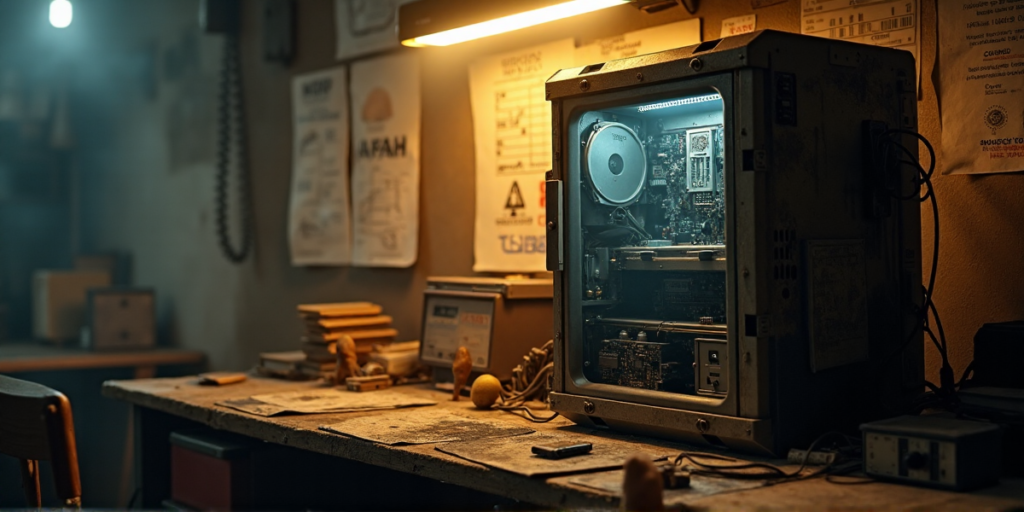 "A cluttered desk in a dimly lit room houses an old Bitcoin miner's computer system, surrounded by dusty charts and faded posters amidst a warm, golden glow."