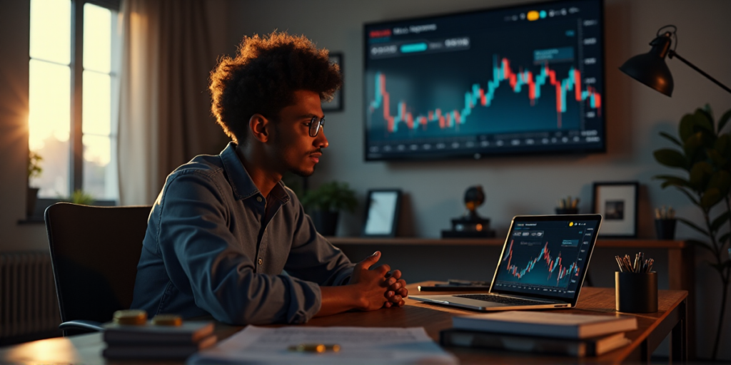 "A person sits at a desk, intensely focused on a cryptocurrency trading platform displayed on their laptop, surrounded by financial resources and blockchain-related tokens."
