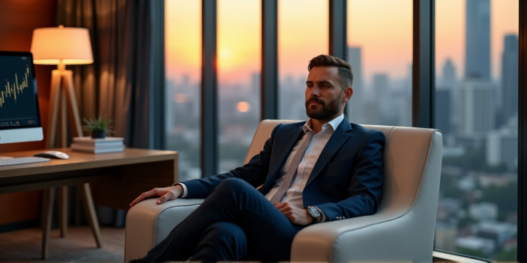 "A serene individual sits in a luxurious armchair, surrounded by floor-to-ceiling windows showcasing a cityscape at sunset with blockchain-inspired skyscrapers."