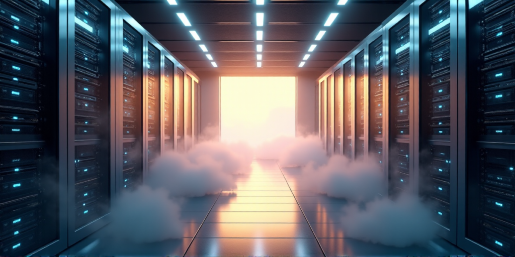 "A futuristic data center with sleek servers emitting a soft blue glow, set against a misty dawn backdrop of polished steel walls and golden light."