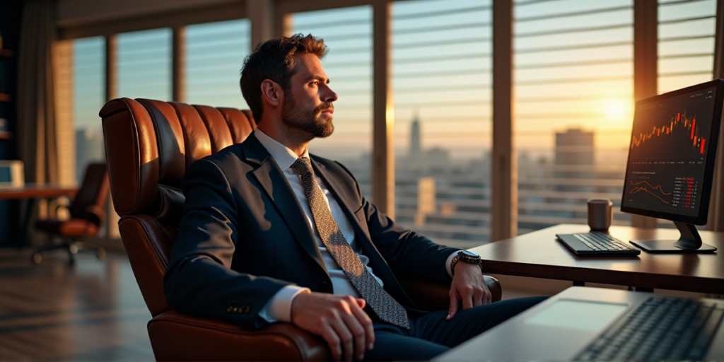 "A confident individual sits in a luxurious study surrounded by cryptocurrency charts and financial tools, gazing at rising market data on a blockchain-themed background."
