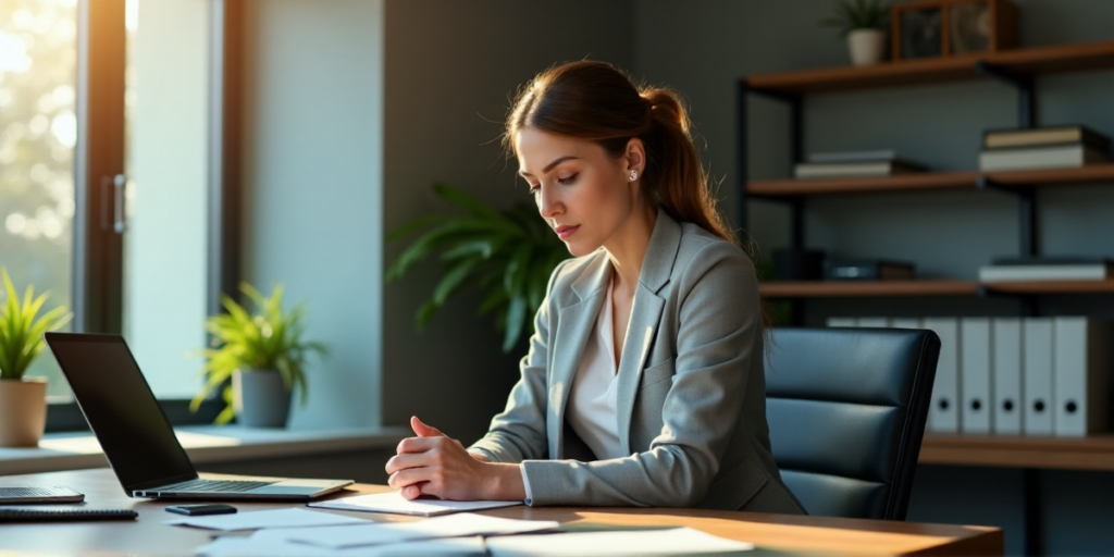 "A middle-aged woman sits confidently behind a wooden desk, surrounded by financial documents and cryptocurrency gadgets, bathed in warm natural light."
