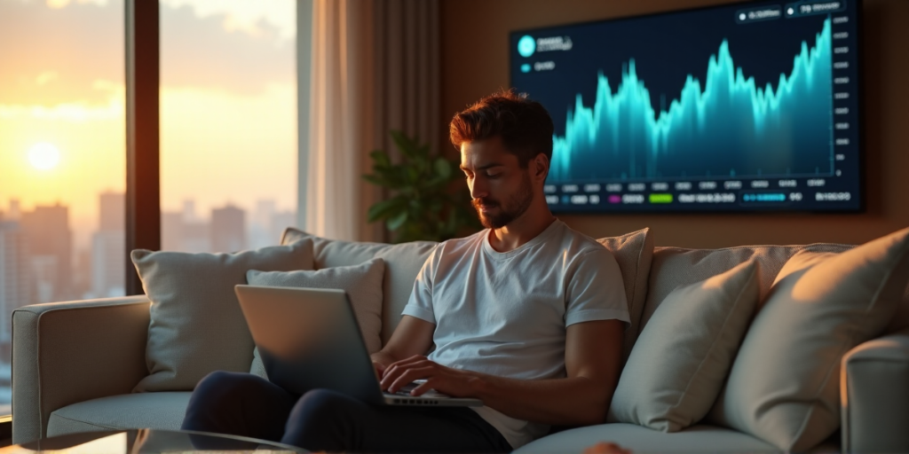 "A person sits on a cream-colored couch, surrounded by a tastefully decorated living space, with a laptop open to a cryptocurrency investment spreadsheet and a high-definition screen displaying blockchain-based market data behind them."