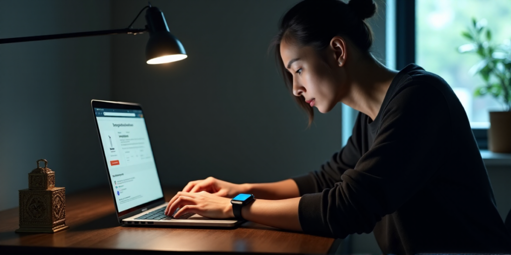 "A person securely accesses a cryptocurrency wallet on a high-end laptop, surrounded by blockchain technology and biometric authentication devices in a dimly lit room."