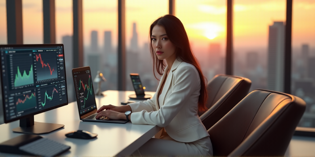 "A young woman in a crisp white business suit sits confidently on a modern desk, surrounded by DeFi charts and blockchain-related gadgets, analyzing market trends with determination."