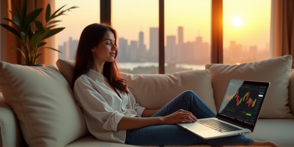 "A young woman sits on a cream-colored couch in a modern living room, surrounded by city views at sunset, with a laptop displaying cryptocurrency charts and graphs generating passive income through blockchain technology."
