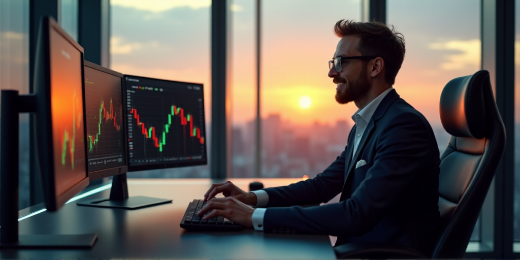 "A skilled trader sits confidently at a desk surrounded by cryptocurrency charts and market trends on multiple computer monitors in a modern trading room with floor-to-ceiling windows."